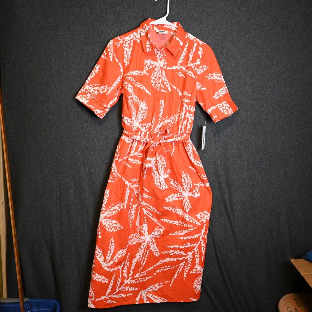 NEW DKNY Women's 6 Short Sleeve Cotton Poplin Collared Shirtdress Leaf NWT